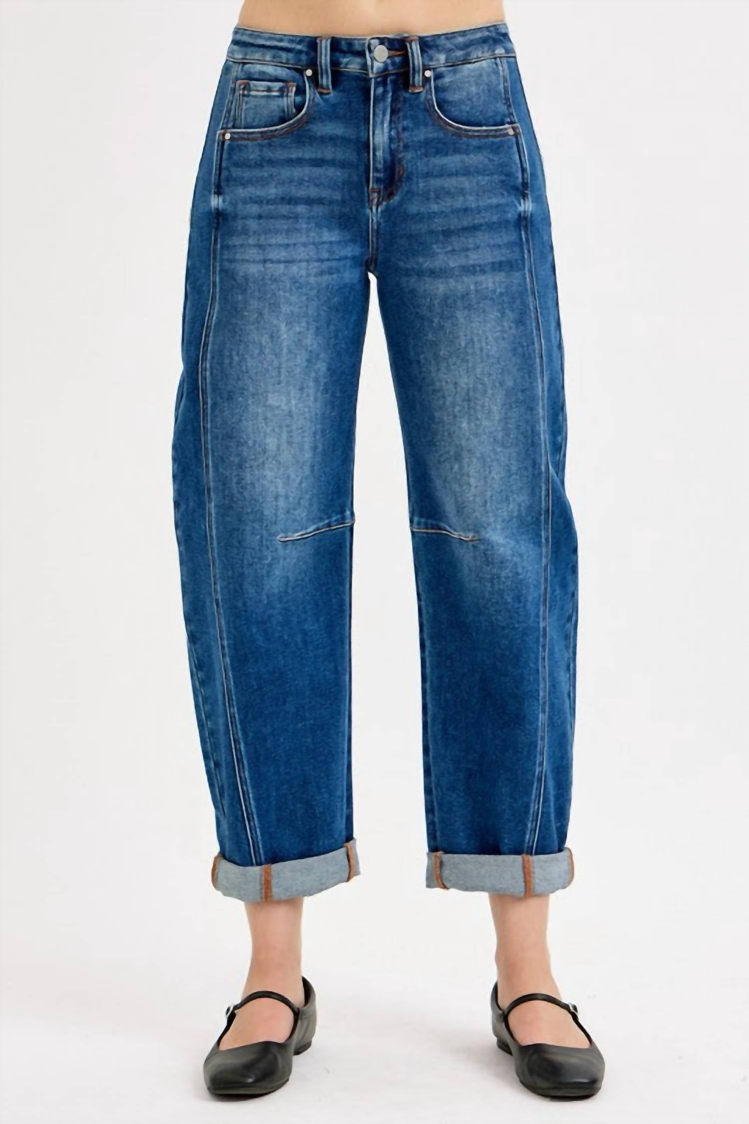RISEN Lennox High Rise Crop Barrel Cuffed Jean in dark denim - women's jeans