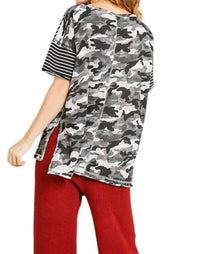umgee Camo And Striped Top in grey - women's t-shirt - detail view