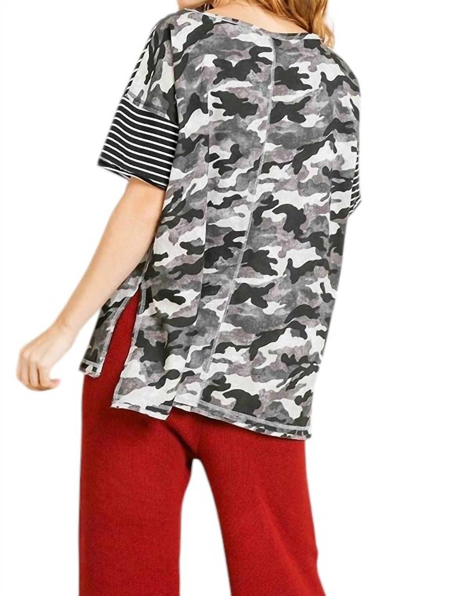 umgee Camo And Striped Top in grey - women's t-shirt - detail view