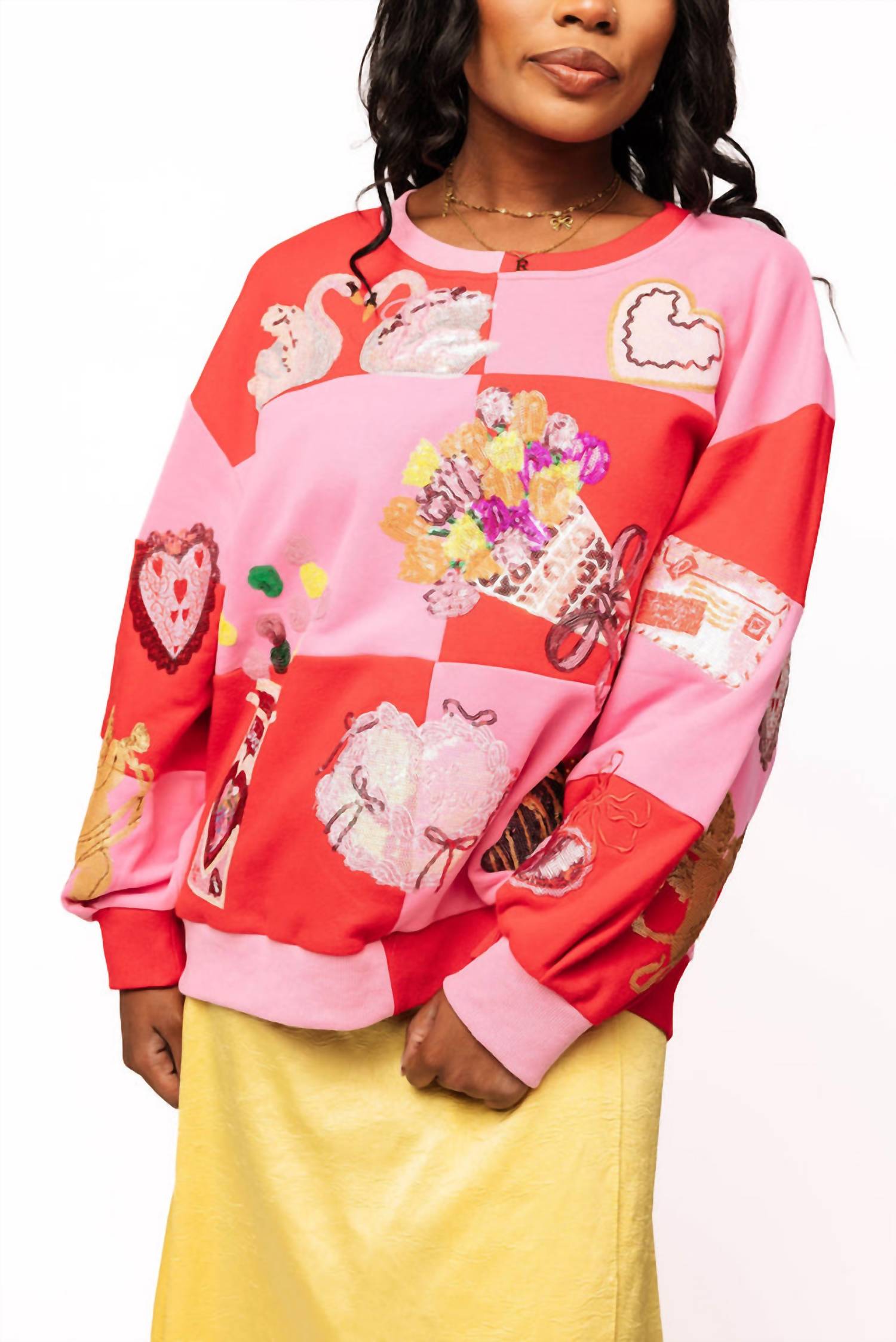 QUEEN OF SPARKLES Checkered Valentines Icon Sweatshirt in red pink - women's top - view 6