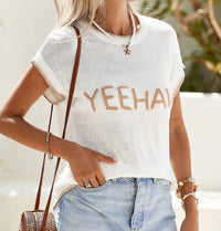 Little Daisy Closet - Knitted Yeehaw Stitch Edge Crew Neck Sweater T Shirt