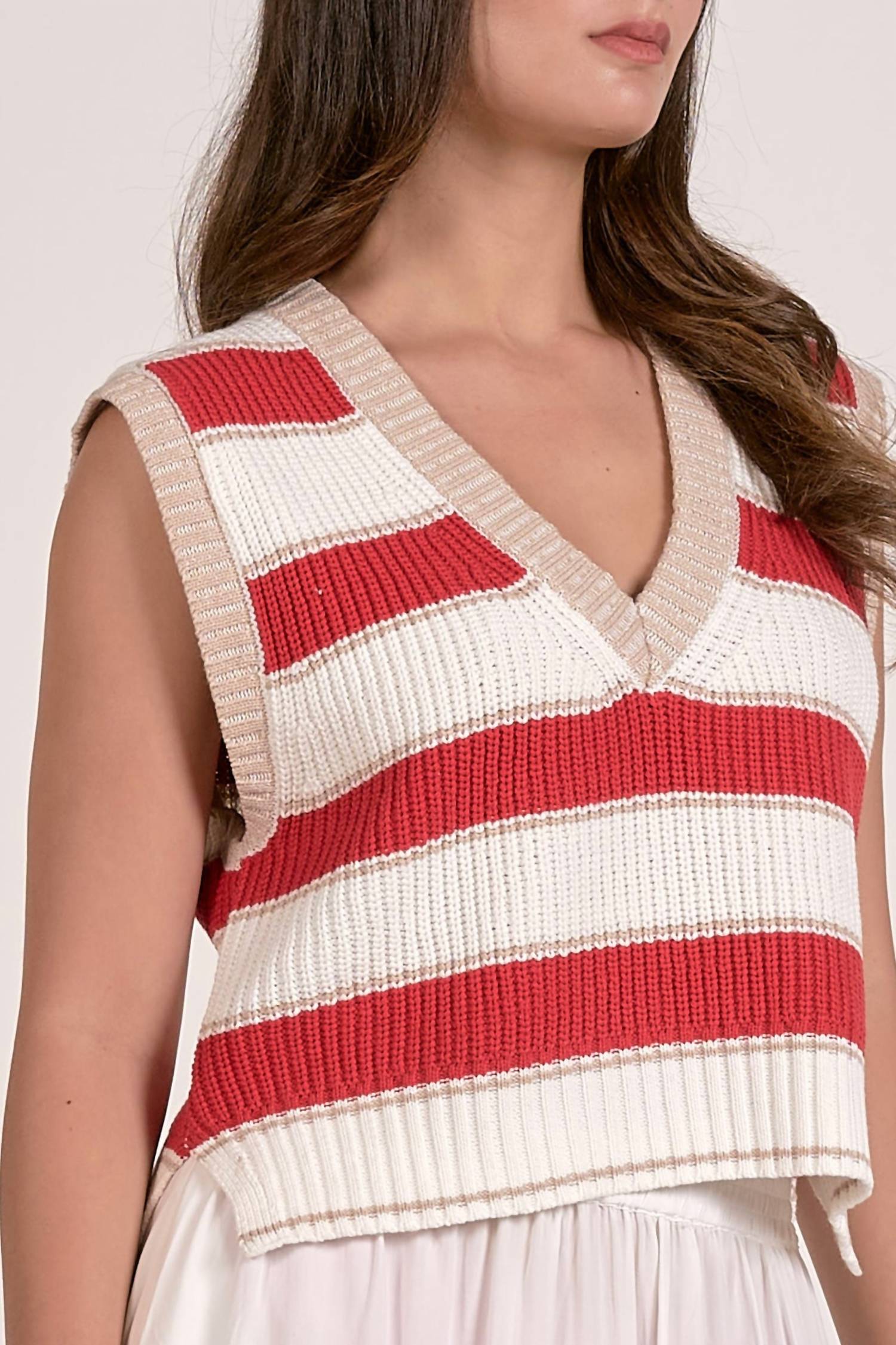 ELAN Slate Sleeveless Sweater in white red stripe - women's sweater - alternate view