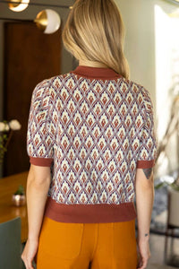 Voy - Quarter Button Collared Abstract Ribbed Knit Top
