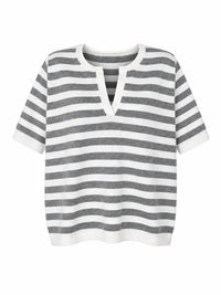 Zenana - Split Neck Stripe Short Sleeve Sweater
