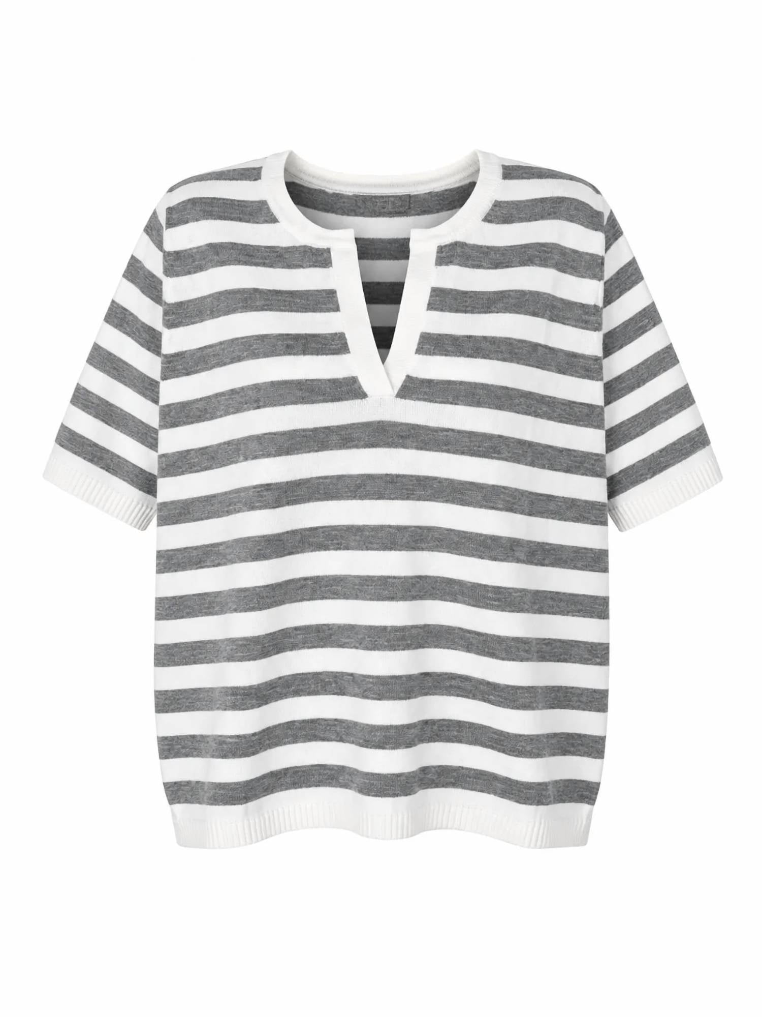 Zenana - Split Neck Stripe Short Sleeve Sweater