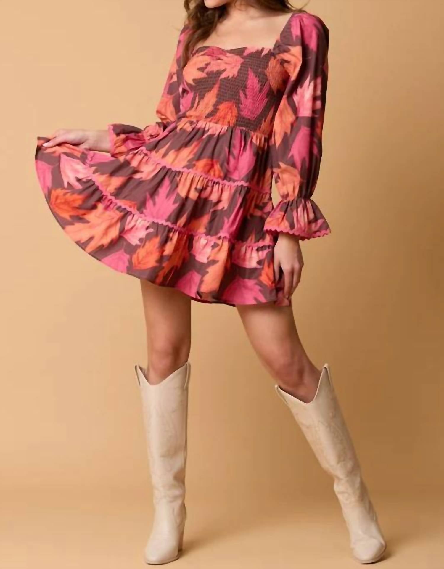Fantastic Fawn - Long Sleeve Leaf Print Dress