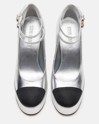 STEVE MADDEN Women's Peyton Genuine Leather Cap Toe Platform Hi Heels in silver - women's heels - detail view