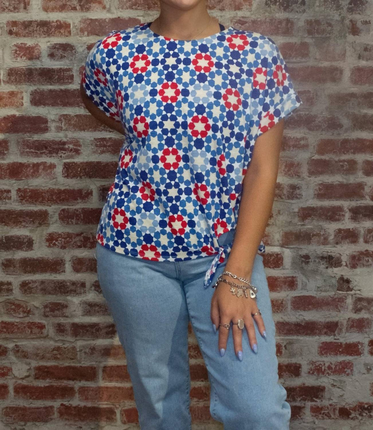 Multiples - Patriotic Short Sleeve Tie Waist Top
