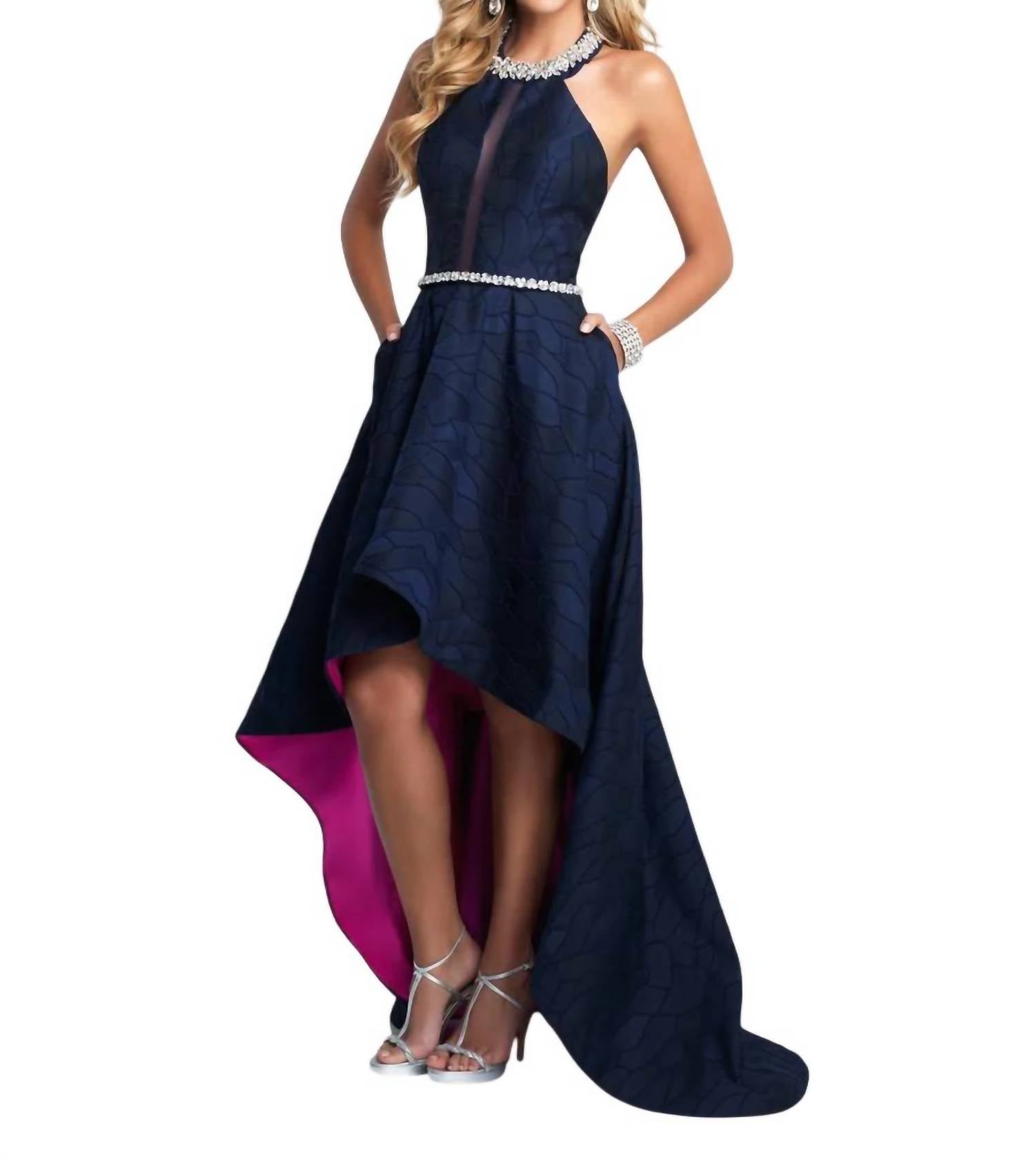Blush Prom - Crystal Encrusted Halter High Low Prom Dress