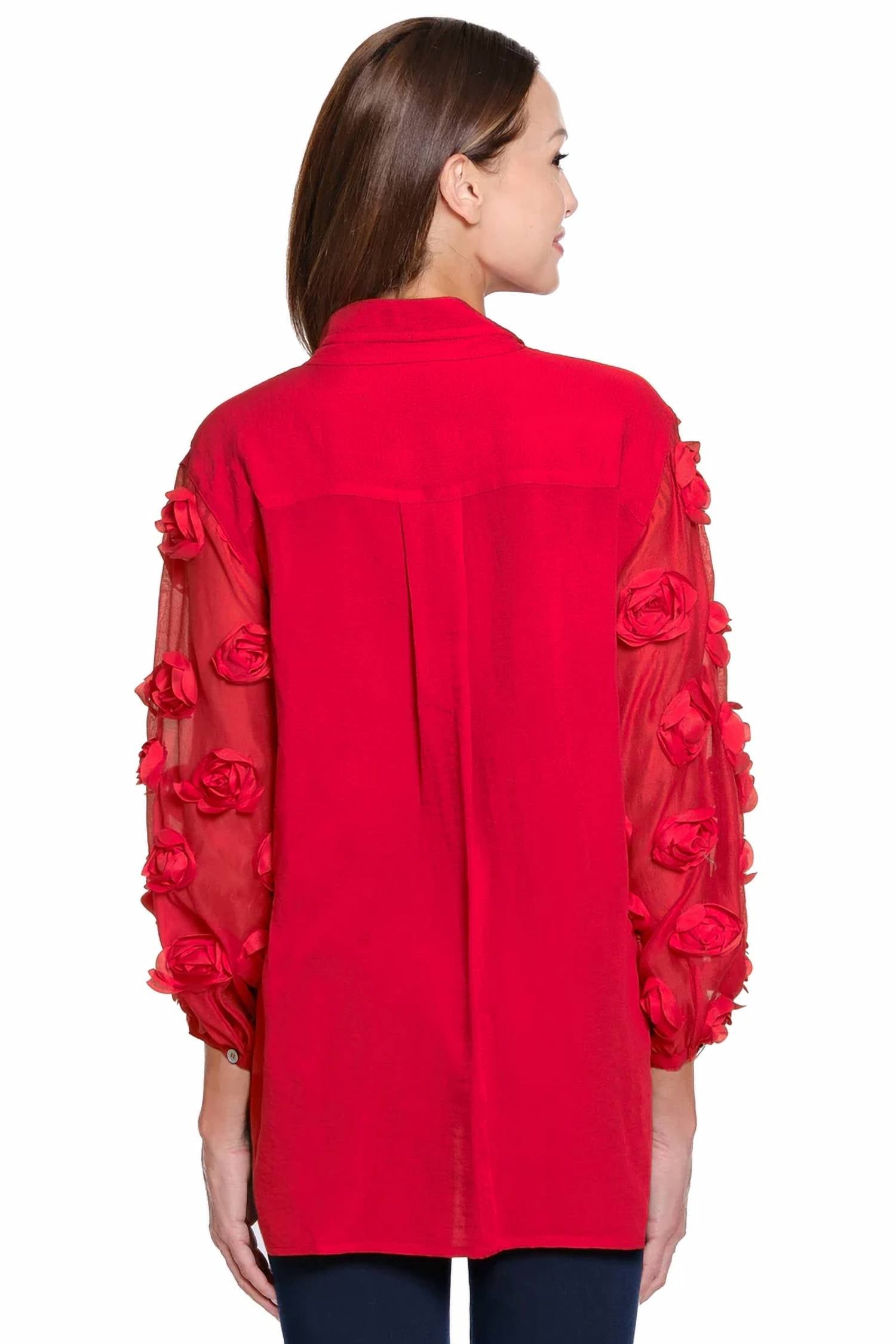 JOHN MARK Sheer Floral Sleeve Top in scarlet - women's blouse - alternate view
