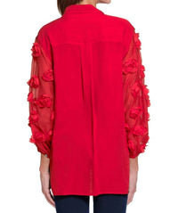 JOHN MARK Sheer Floral Sleeve Top in scarlet - women's blouse - detail view