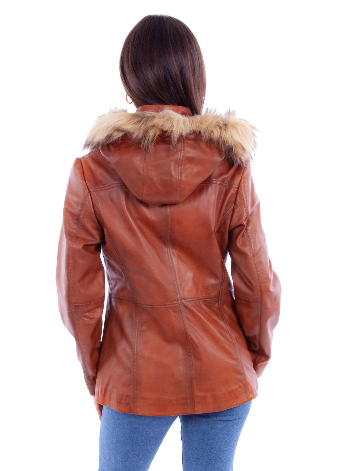 Scully Leather Jacket With Faux Fur Hood in brown - women's jacket - alternate view