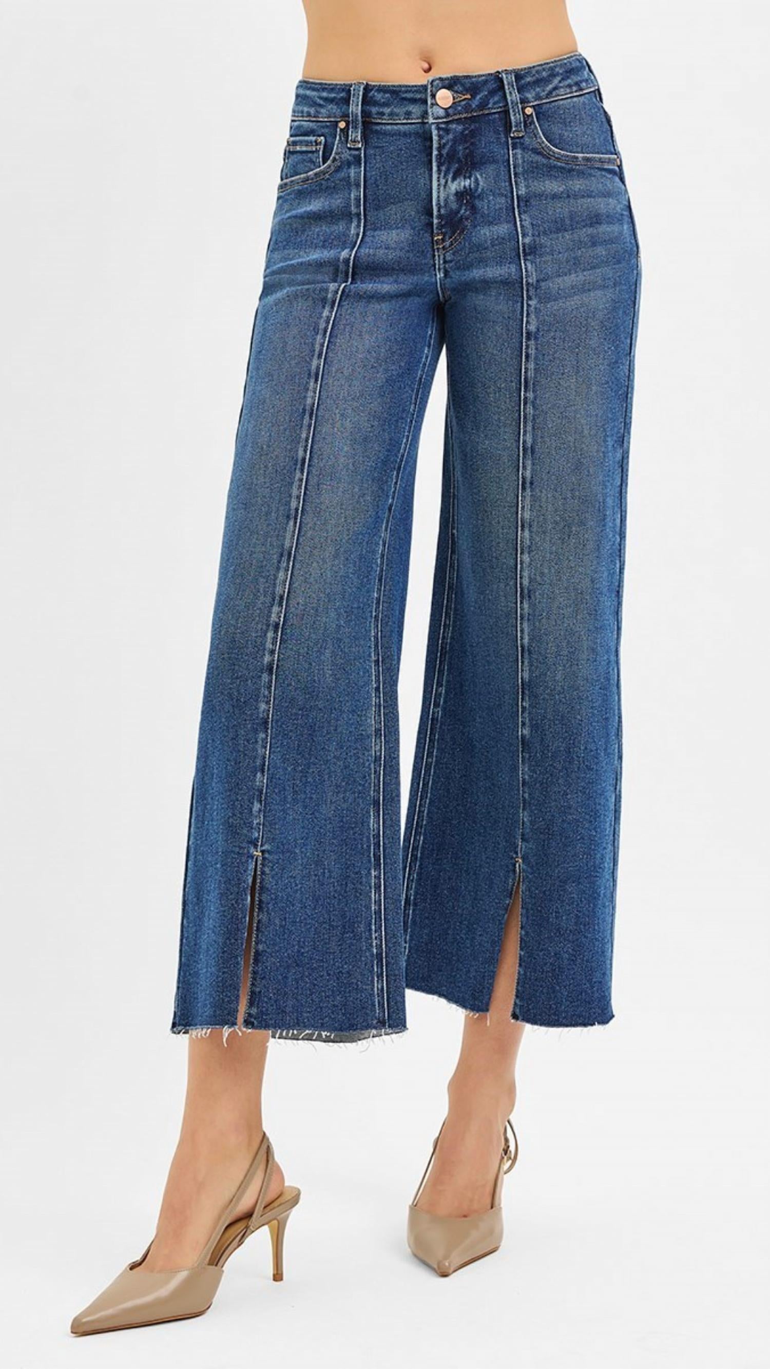Risen - Mid Rise Tummy Control Crop Wide Front Slit Jeans