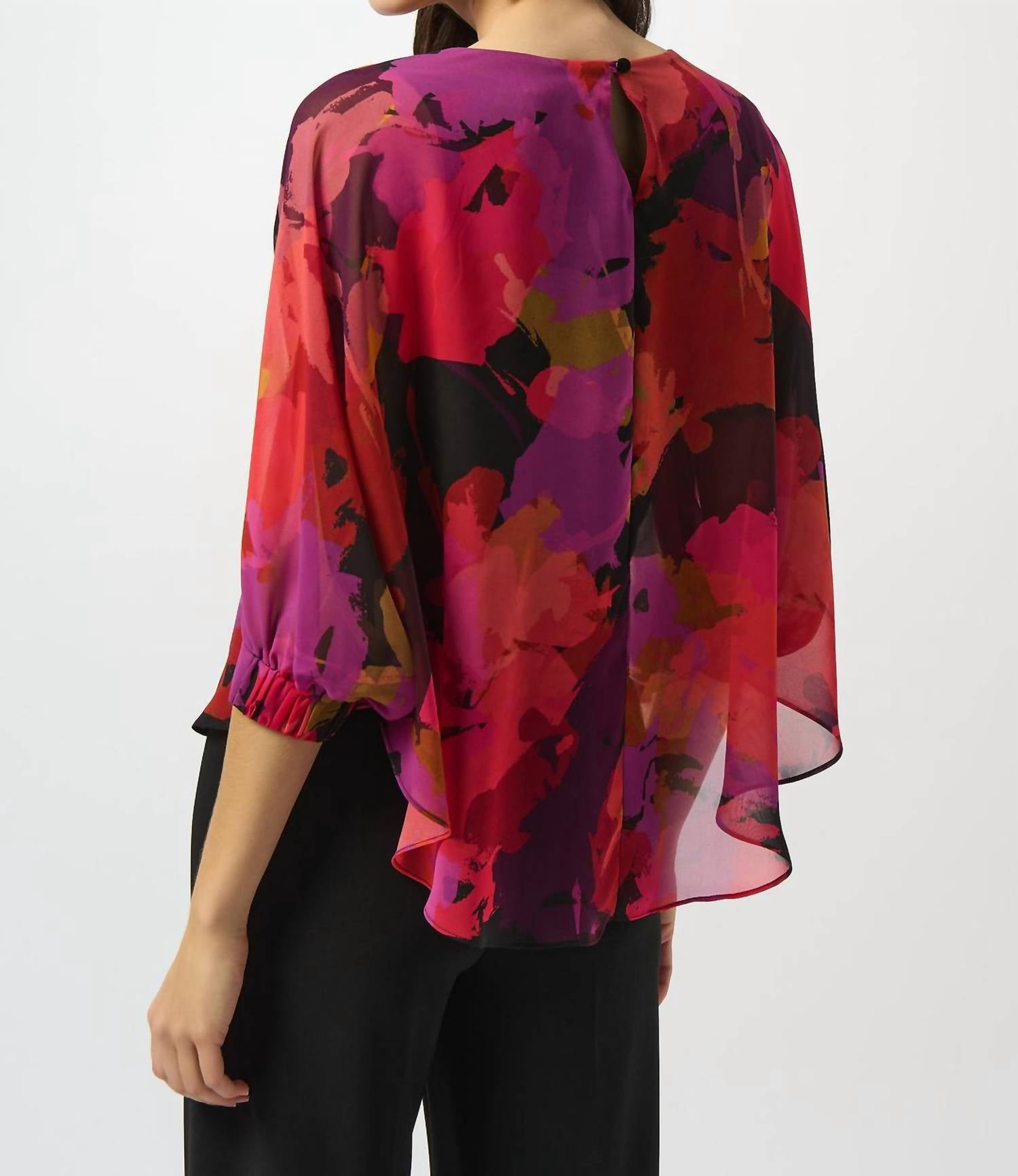 Joseph Ribkoff Chiffon Floral Print Boxy Top in black multi 1 - women's blouse - detail view
