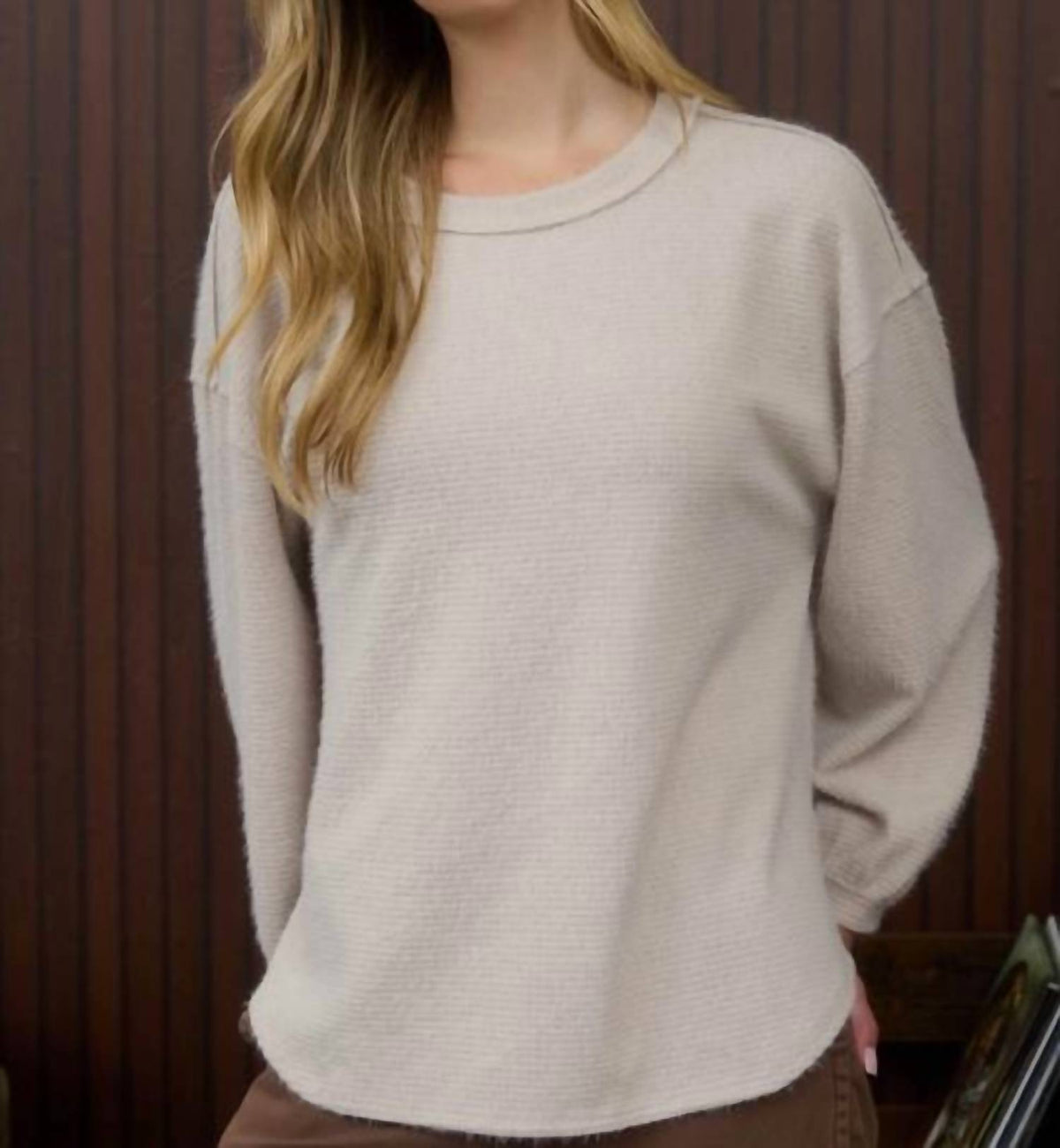 Blu Pepper - Round Neck Long Sleeve Fuzzy Knit Top