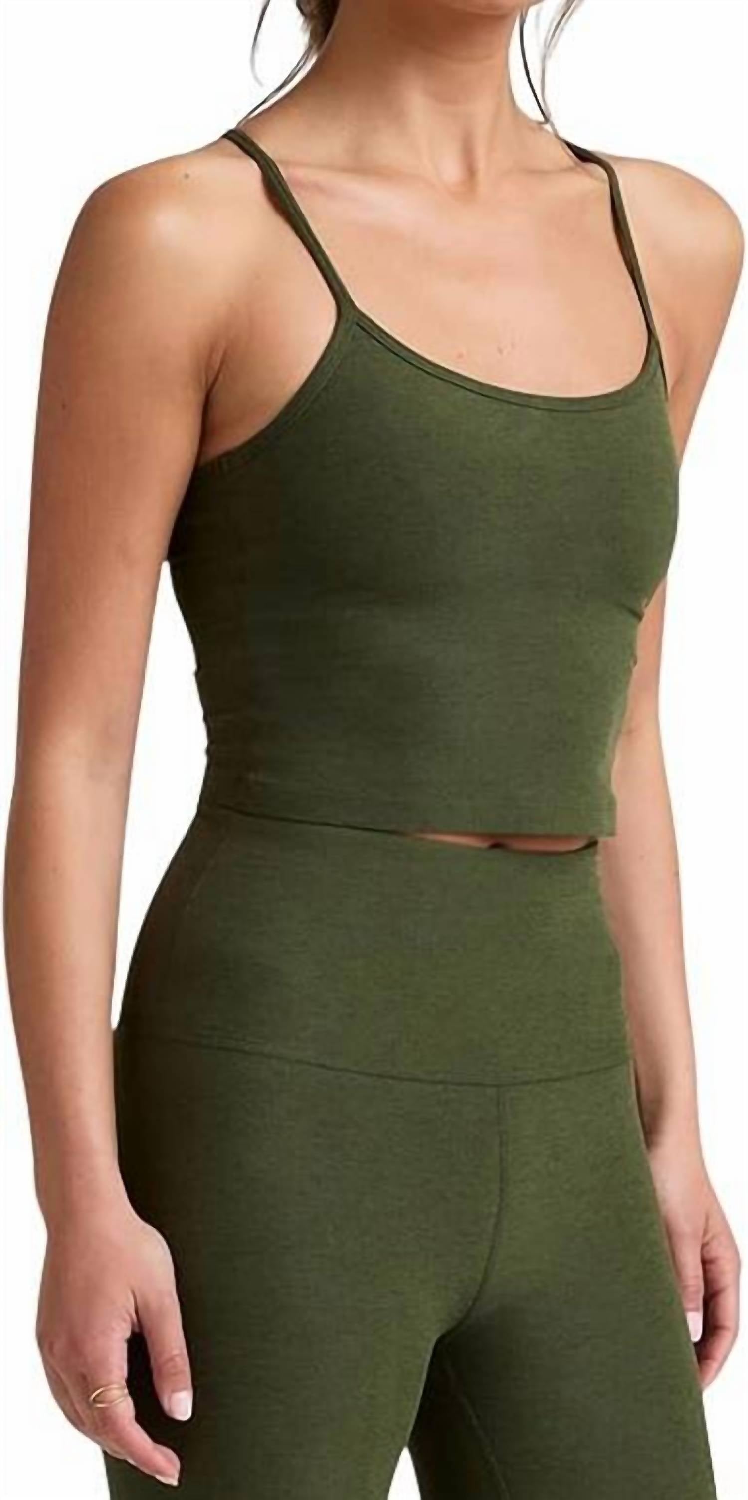 BEYOND YOGA Spacedye Slim Racerback Cropped Tank Top in army green heather - women's tank top - alternate view