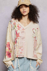 Pol - Floral Patch Embroidery Thermal Balloon Sleeve Top