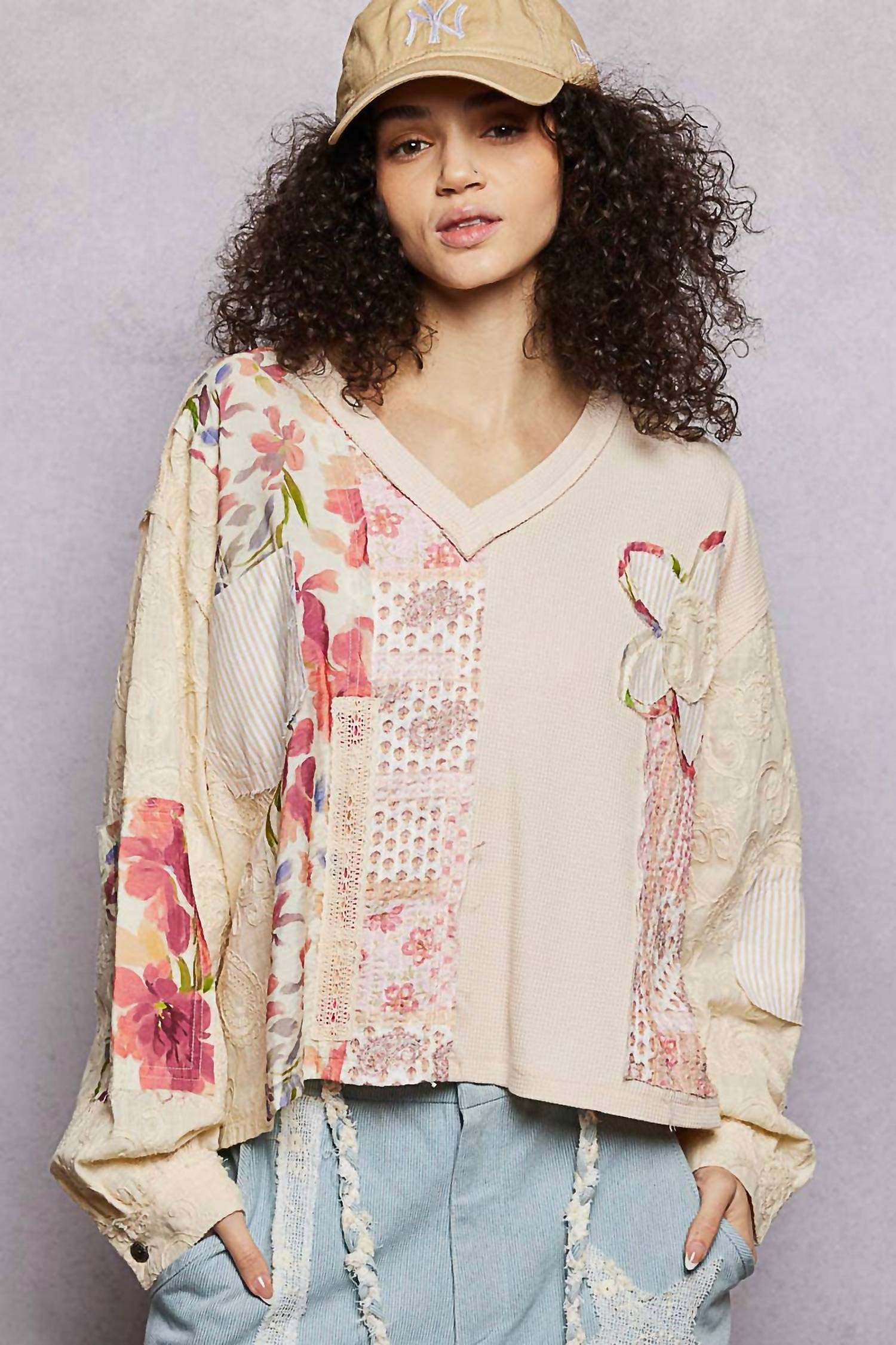 Pol - Floral Patch Embroidery Thermal Balloon Sleeve Top