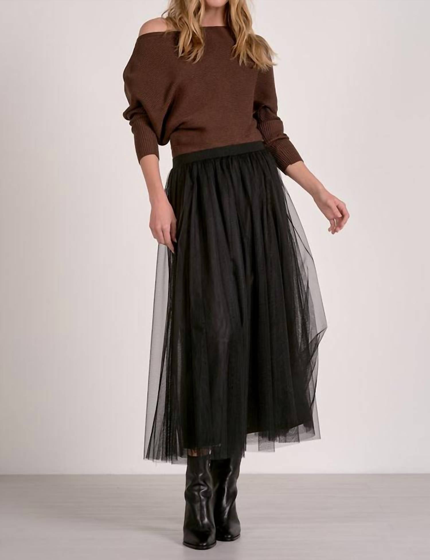 ELAN Ribbed Off-the-shoulder Sweater in dark chocolate - women's sweater - alternate view