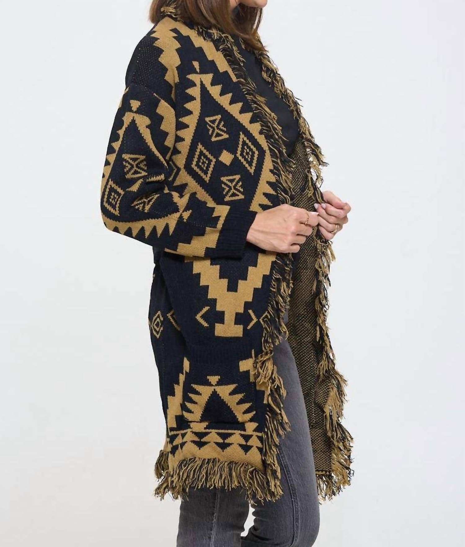 Reneec. - Tribal Print Cardigan with Fringe Detail and Tie
