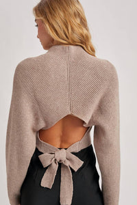 Bluivy - Mock Neck Open Back Ribbed Knit Tie Sweater Top