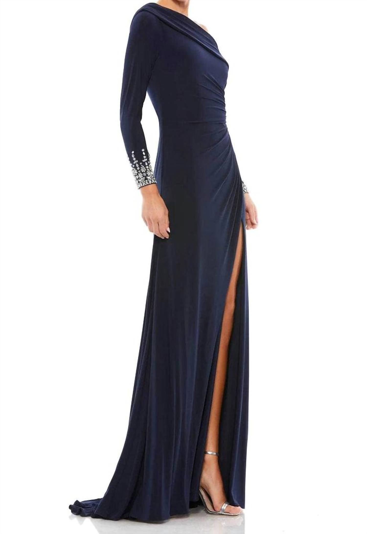 MAC DUGGAL Asymmetrical Neckline Formal Dress in midnight - women's dress - detail view