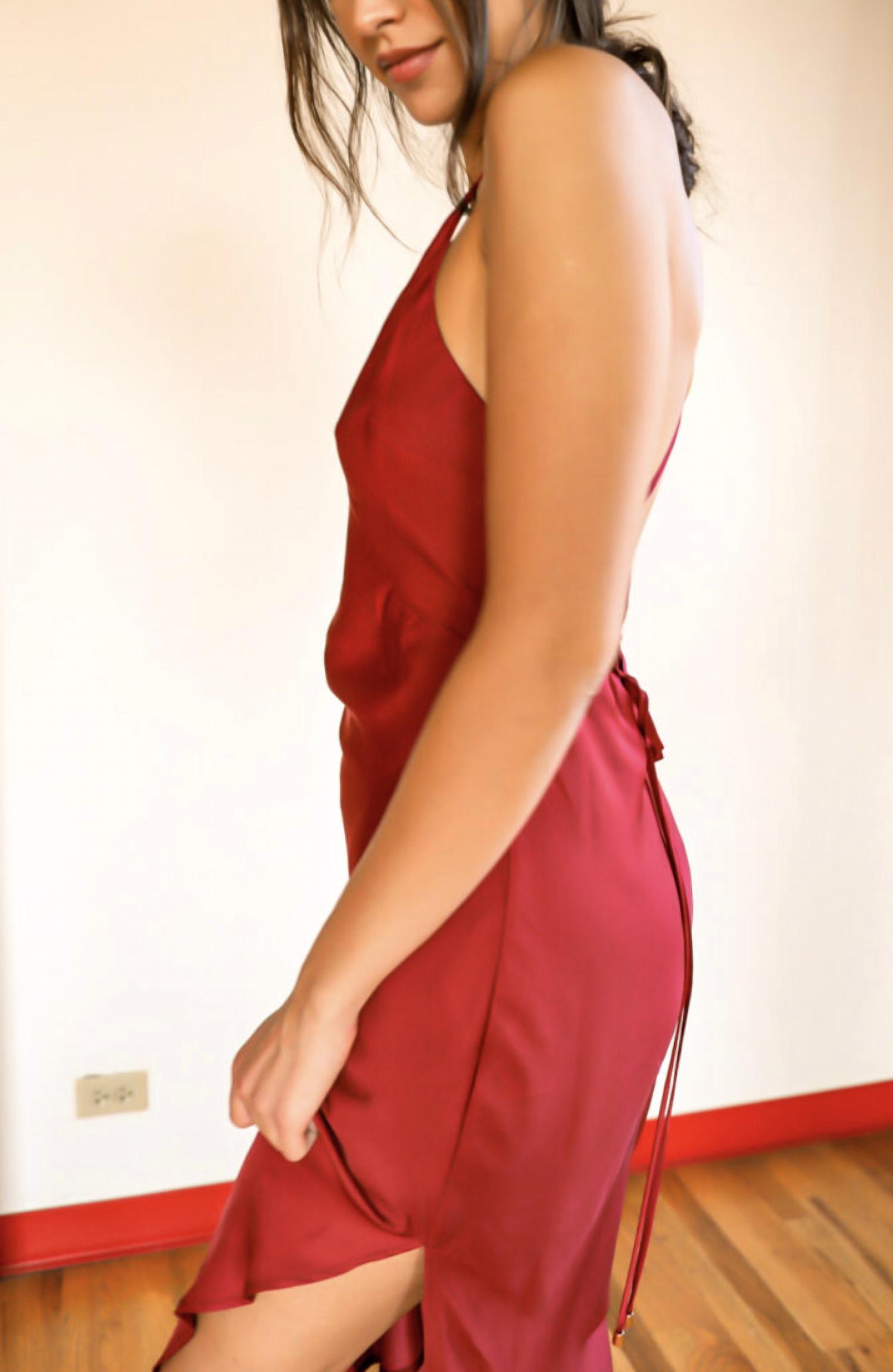 Aakaa - Side Slit Satin Maxi Dress