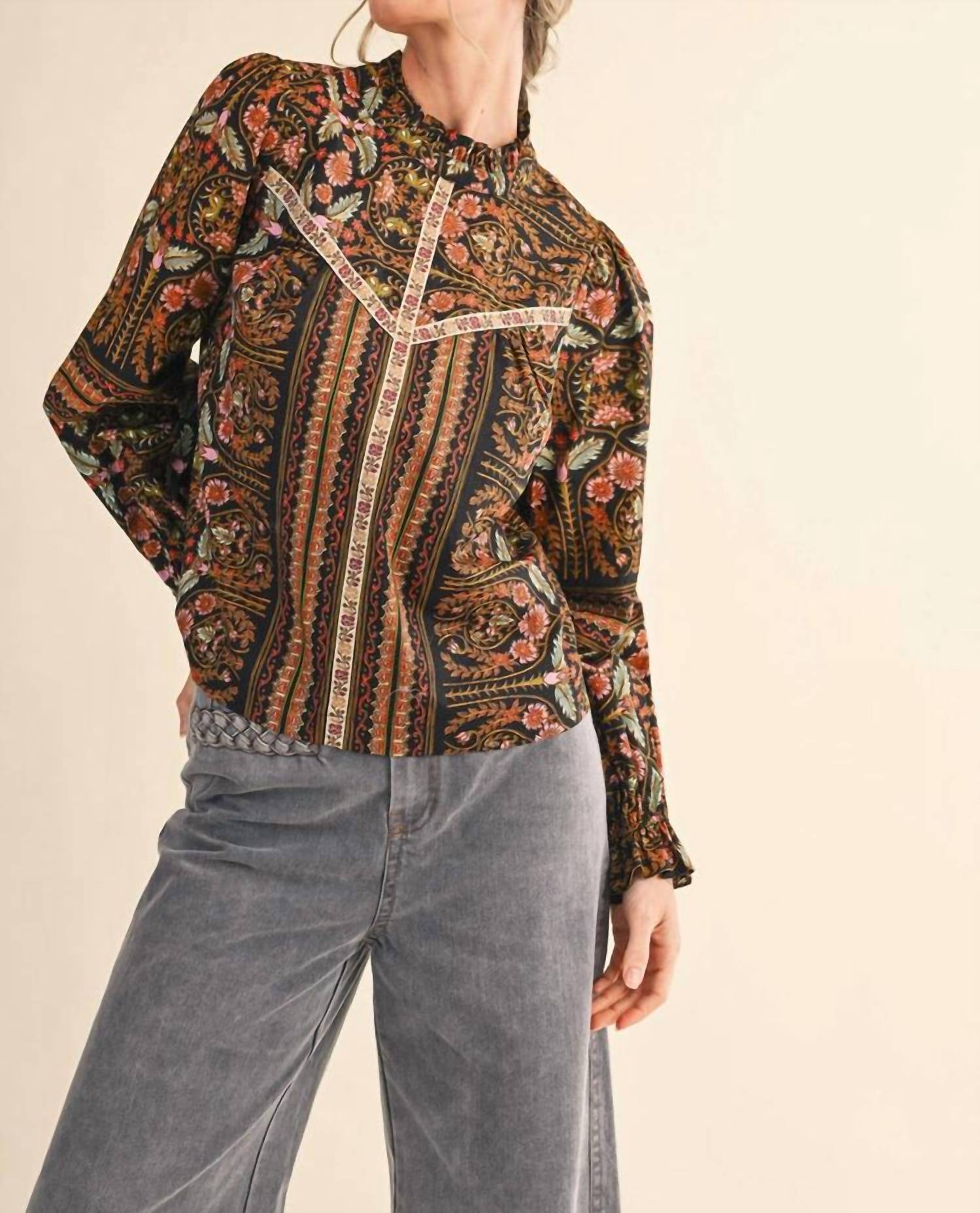 &merci Ruffle Collar Floral Botanical Blouse in black border print - women's blouse - detail view