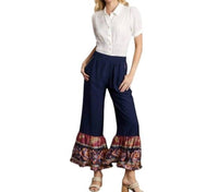 Umgee - Boarder Print Ruffle Hem Wide Leg Pants With Elastic Band