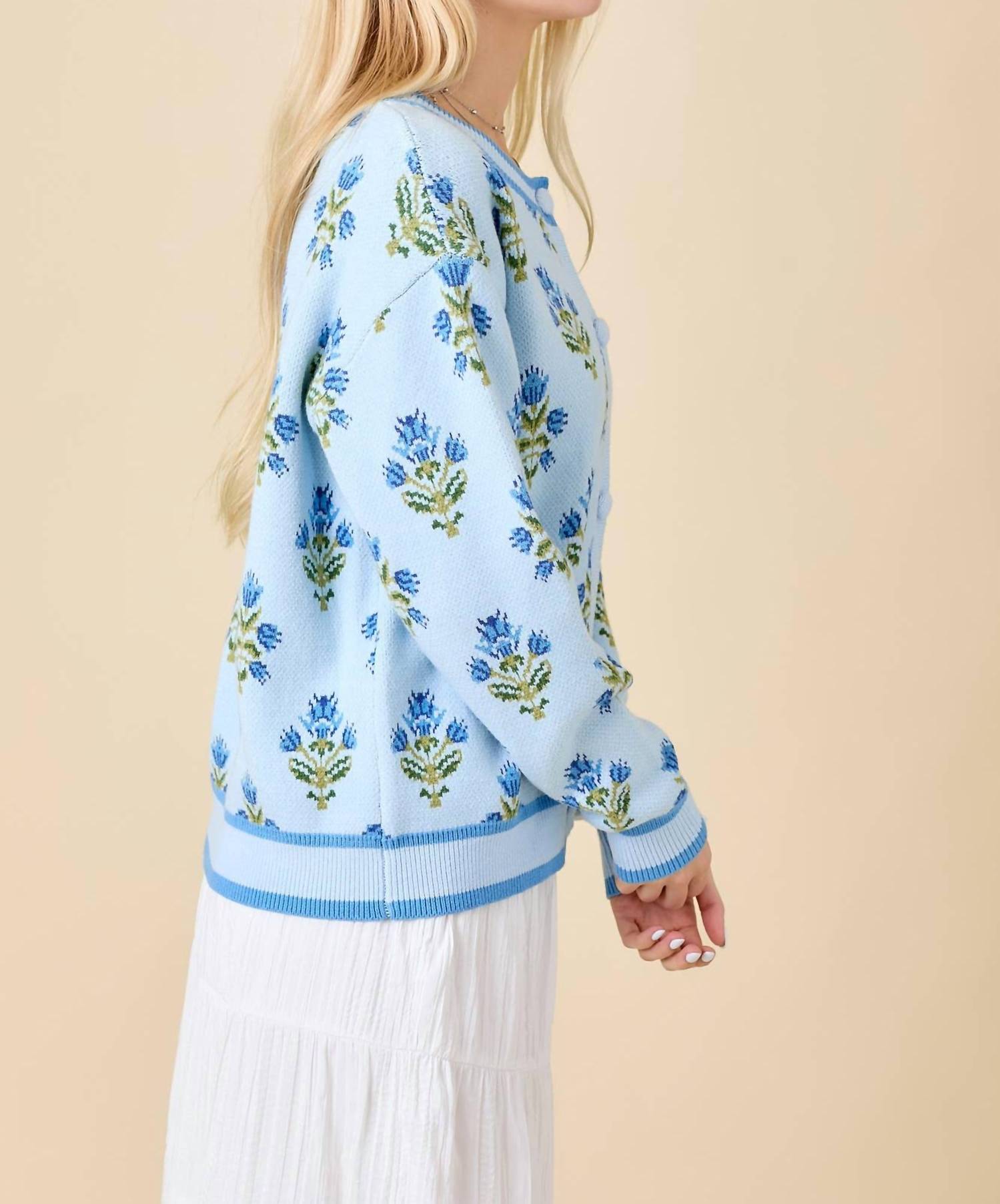 Main Strip - Floral Jacquard Sweater Knit Cardigan Top