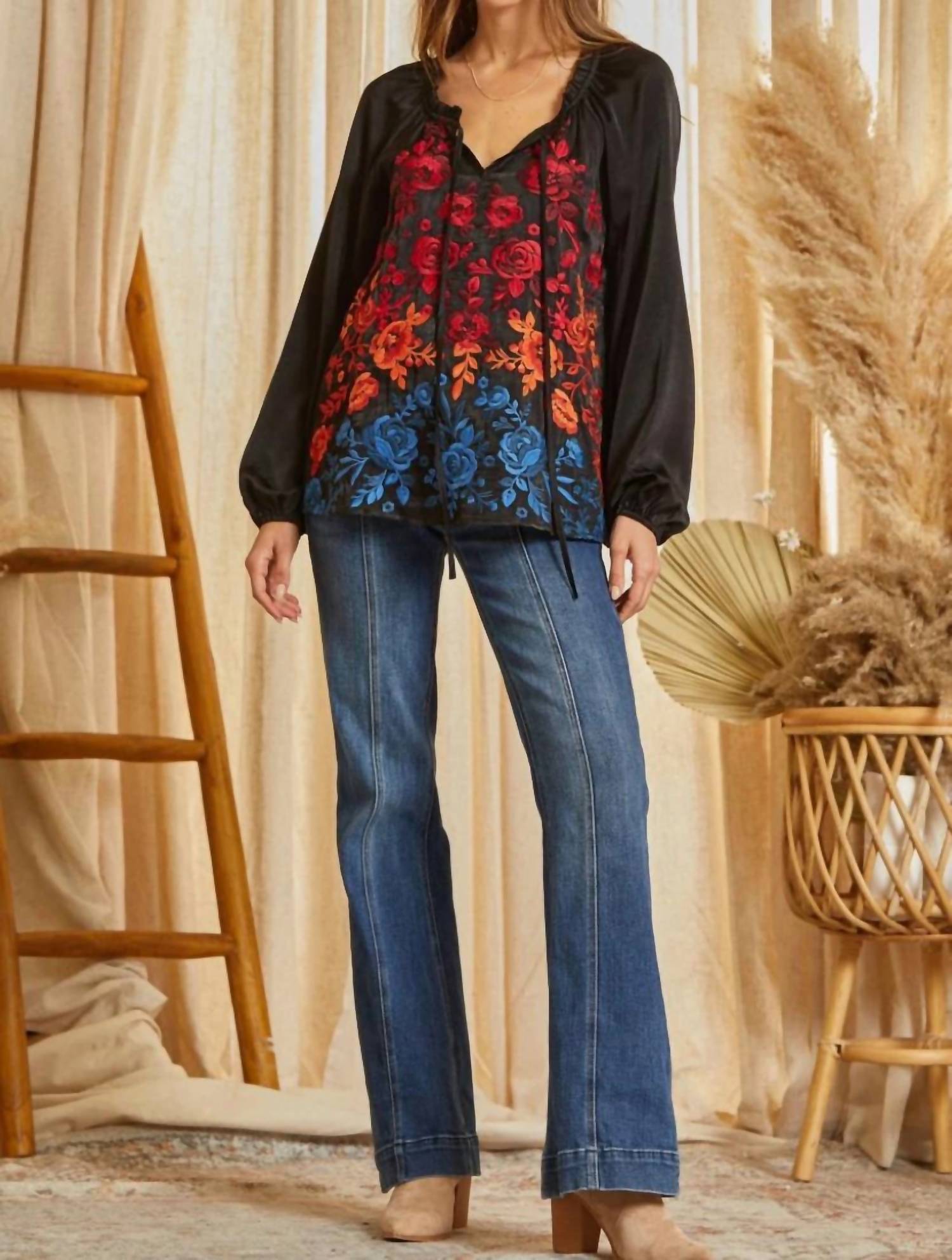 Savannah Jane - Tie Neck Peasant Top With Embroidered Flowers