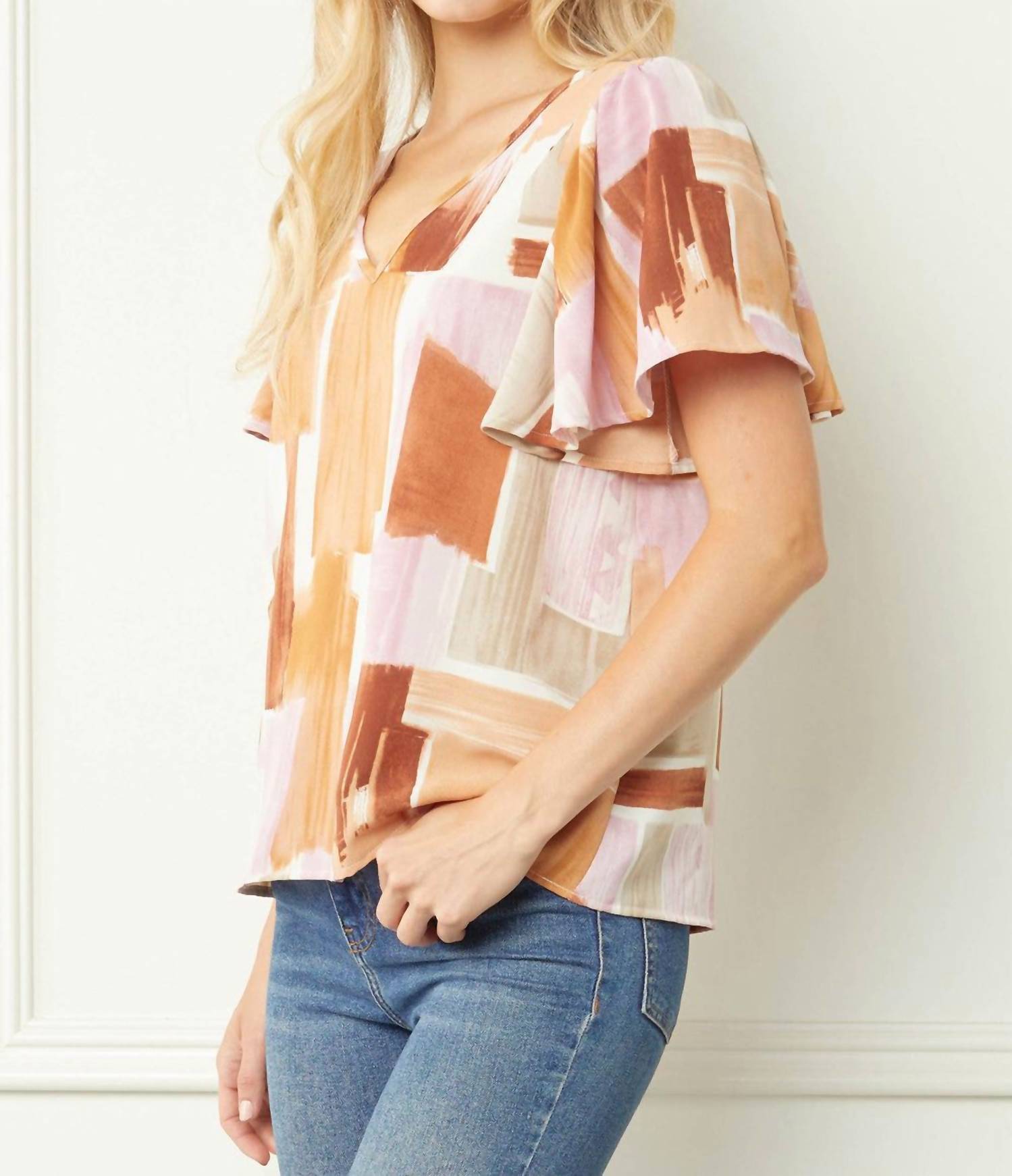 entro Flutter Sleeve V Neck Blouse in multi - women's blouse - view 4