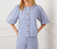 Karen Kane - Stripe Puff Sleeve Button Front Top