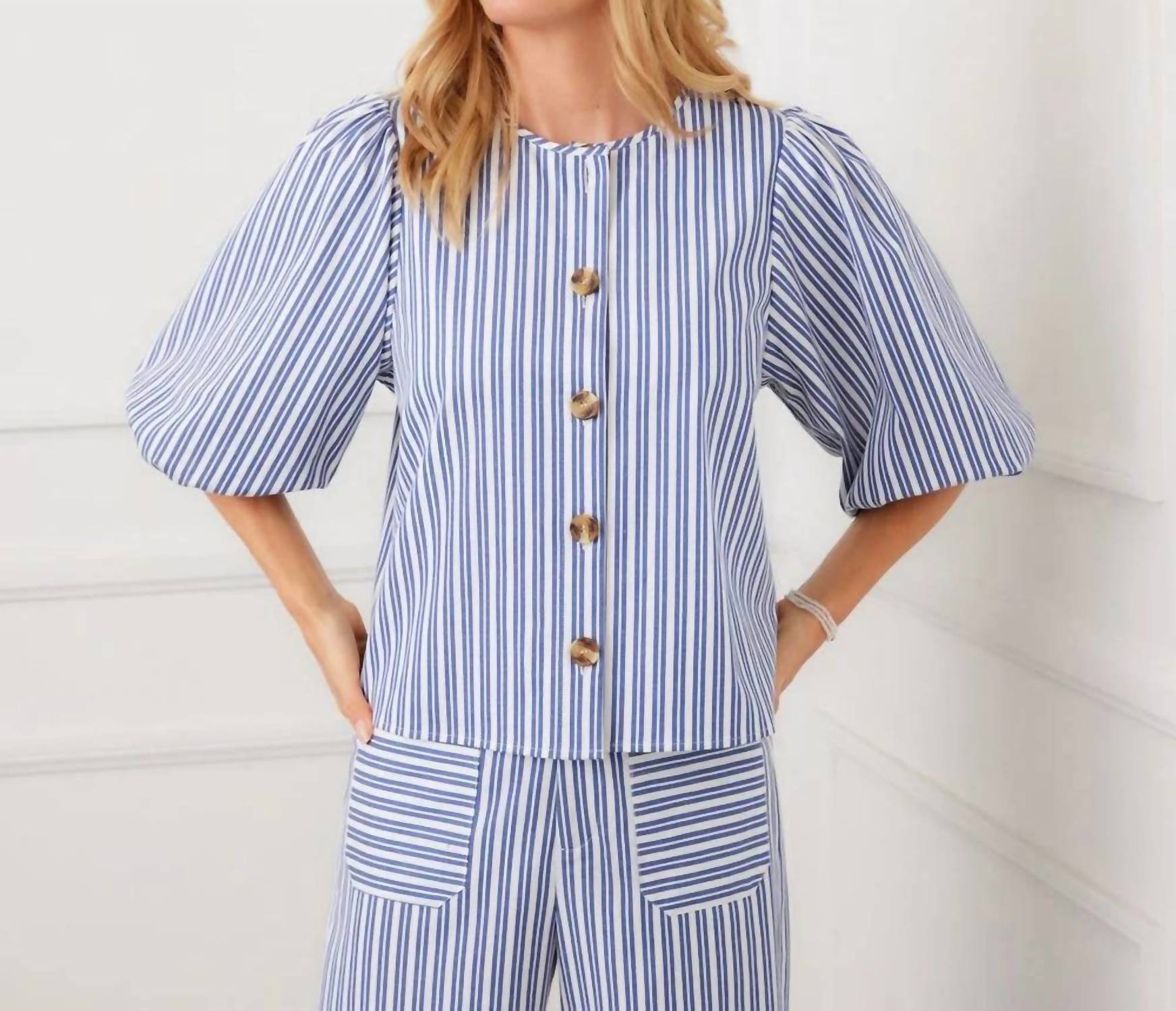 Karen Kane - Stripe Puff Sleeve Button Front Top