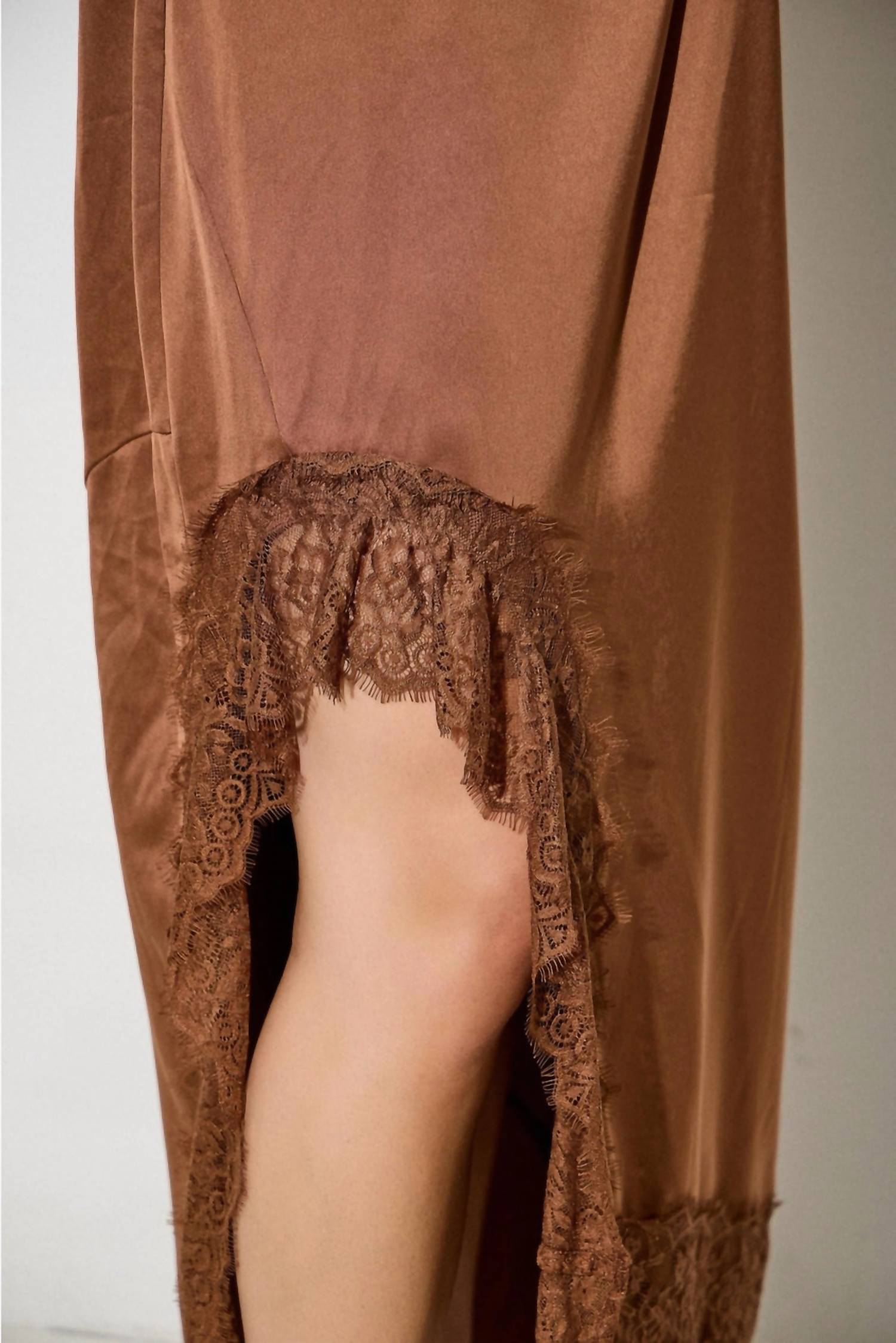 Polagram Mira Asymmetrical Lace Slit Maxi Skirt in chocolate brown - women's skirt - view 4