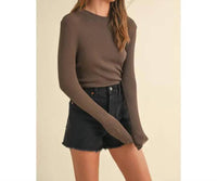 MIOU MUSE Ribbed Long Sleeve Mock Neck Top in coffee - women's sweater
