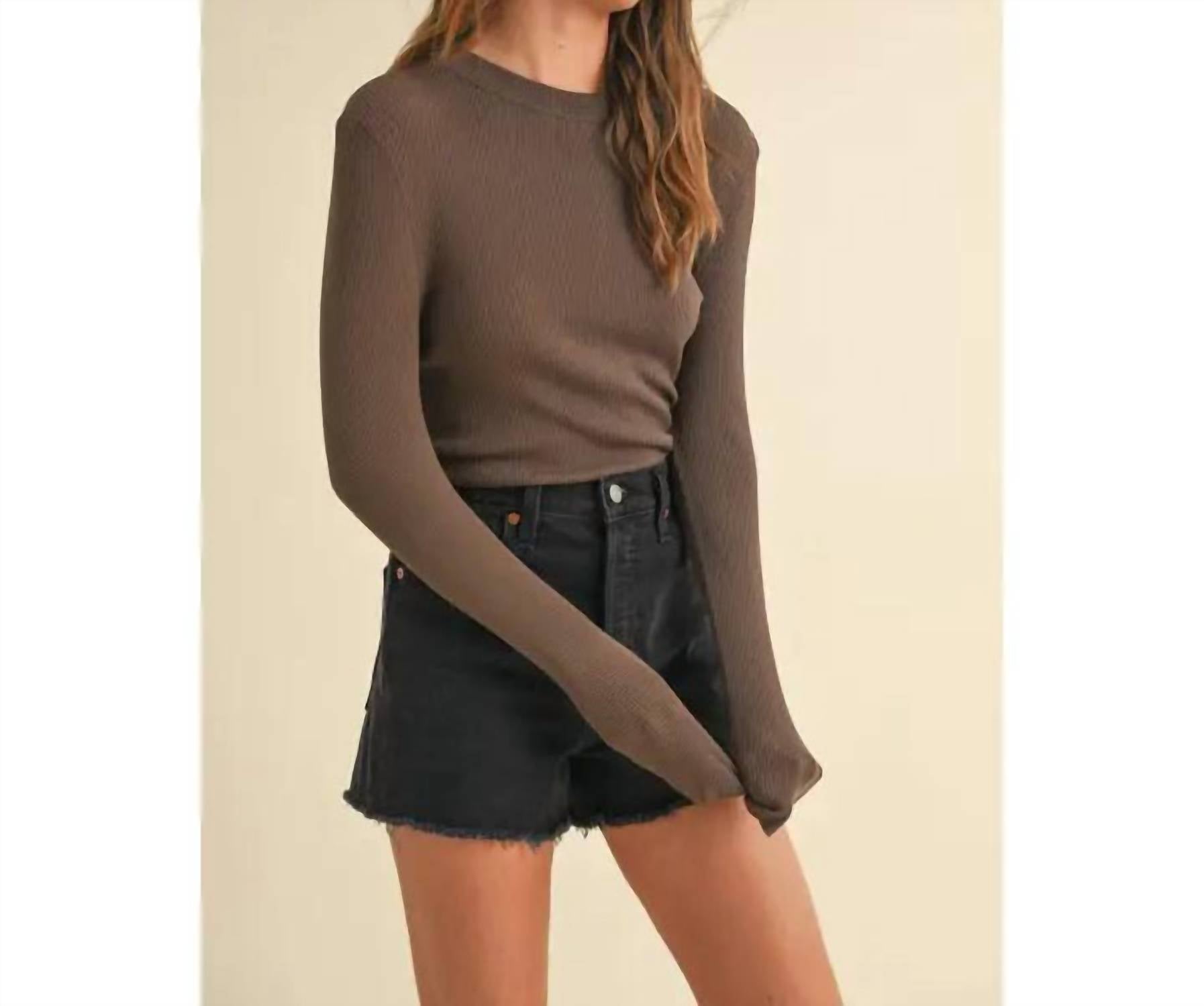 MIOU MUSE Ribbed Long Sleeve Mock Neck Top in coffee - women's sweater