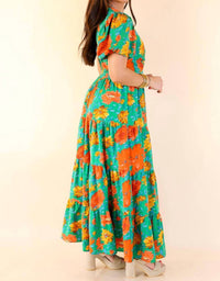 Entro - Puff Sleeve Tiered Midi Dress