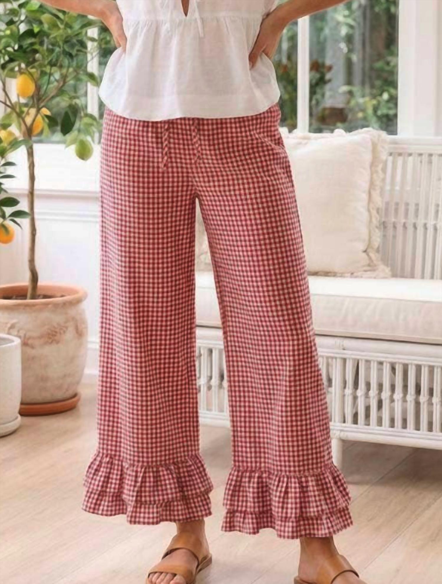 Vine & Love - Gingham Casual Ruffled Hem Cropped Pants