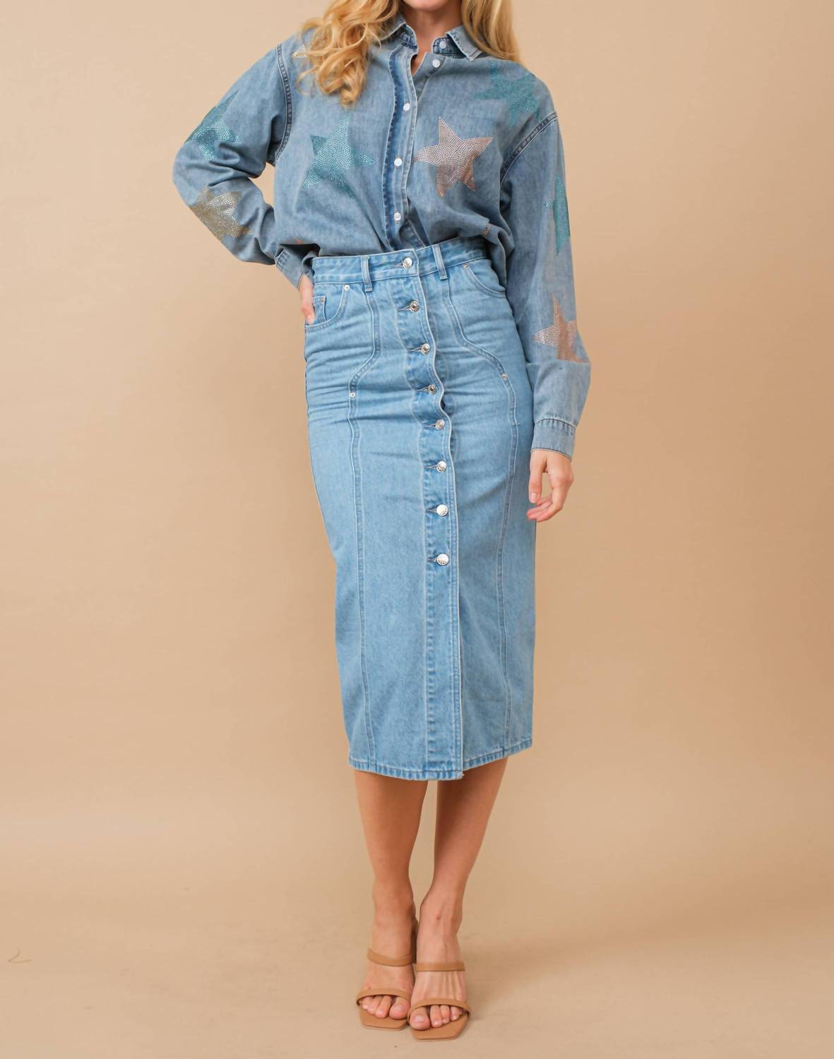 Blue B Mid Rise Fitted Button Up Midi Denim Pencil Skirt in light wash - women's skirt - view 4