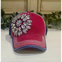 Olive & Pique - Patriotic Rhinestone Flower Distressed Baseball Cap