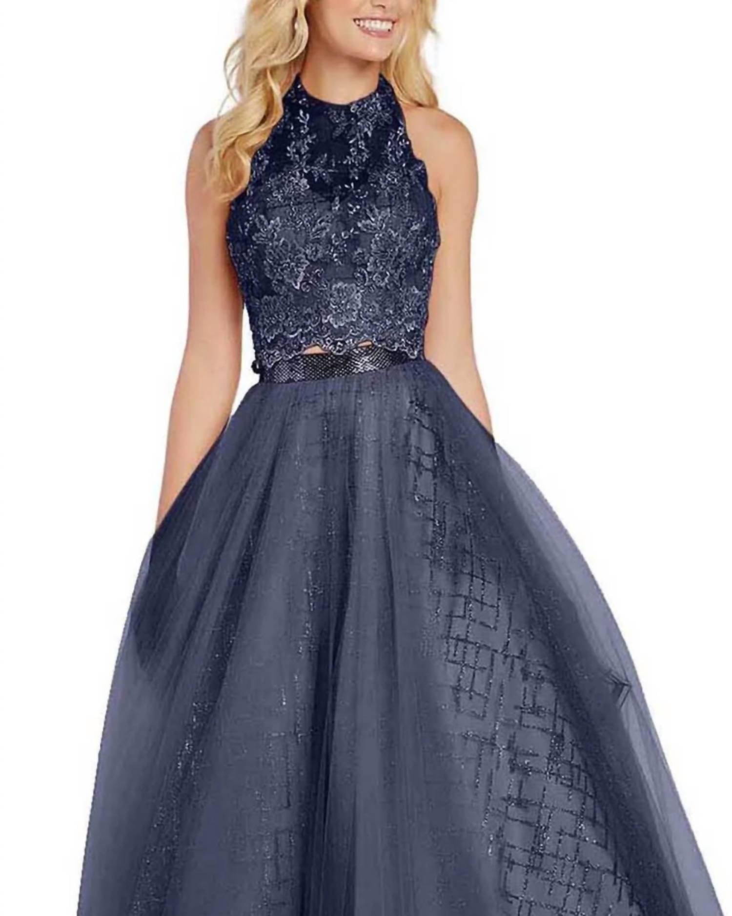 ALYCE PARIS Appliqued Illusion Halter Open Back Gown in navy - women's dress - detail view