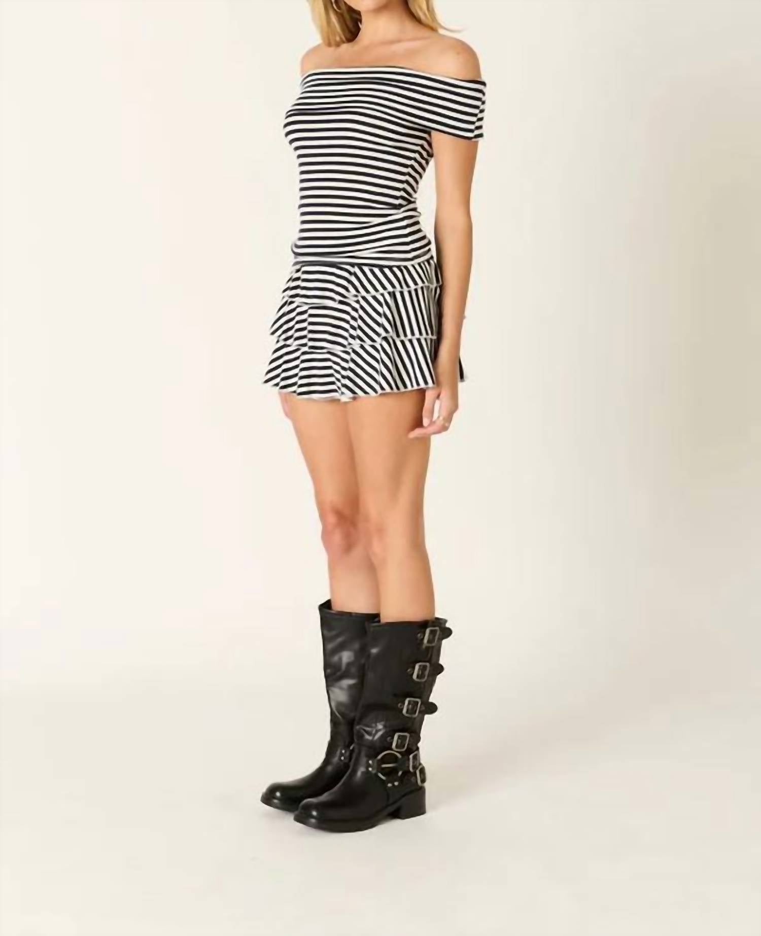 Cotton Candy La - Striped Off Shoulder Top And Mini Skirt Set