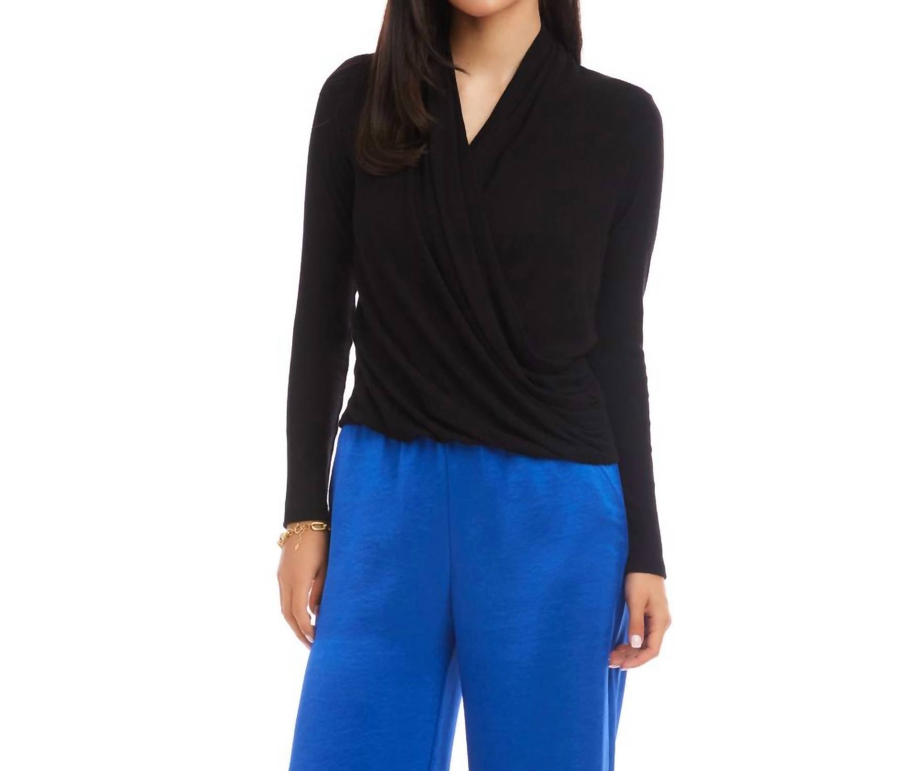 Karen Kane Long Sleeve Ribbed Drape Front Crossover Top in black - women's long sleeve top