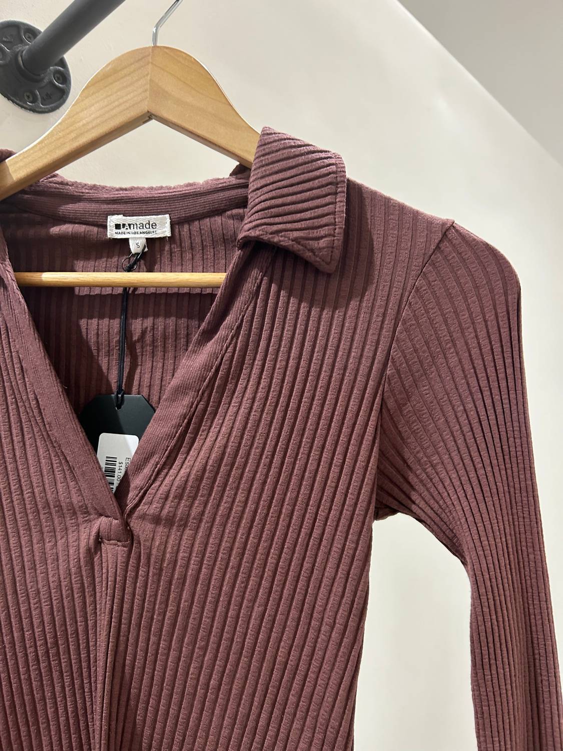 LAmade Women's Harper Collared Henley Top in rust - women's long sleeve top - detail view