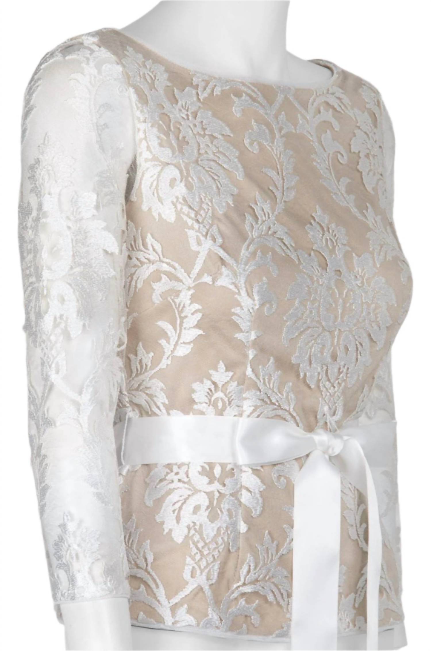 Adrianna Papell - Women's 3/4 Sleeve Tie Waist Floral Embroidered Mesh Top