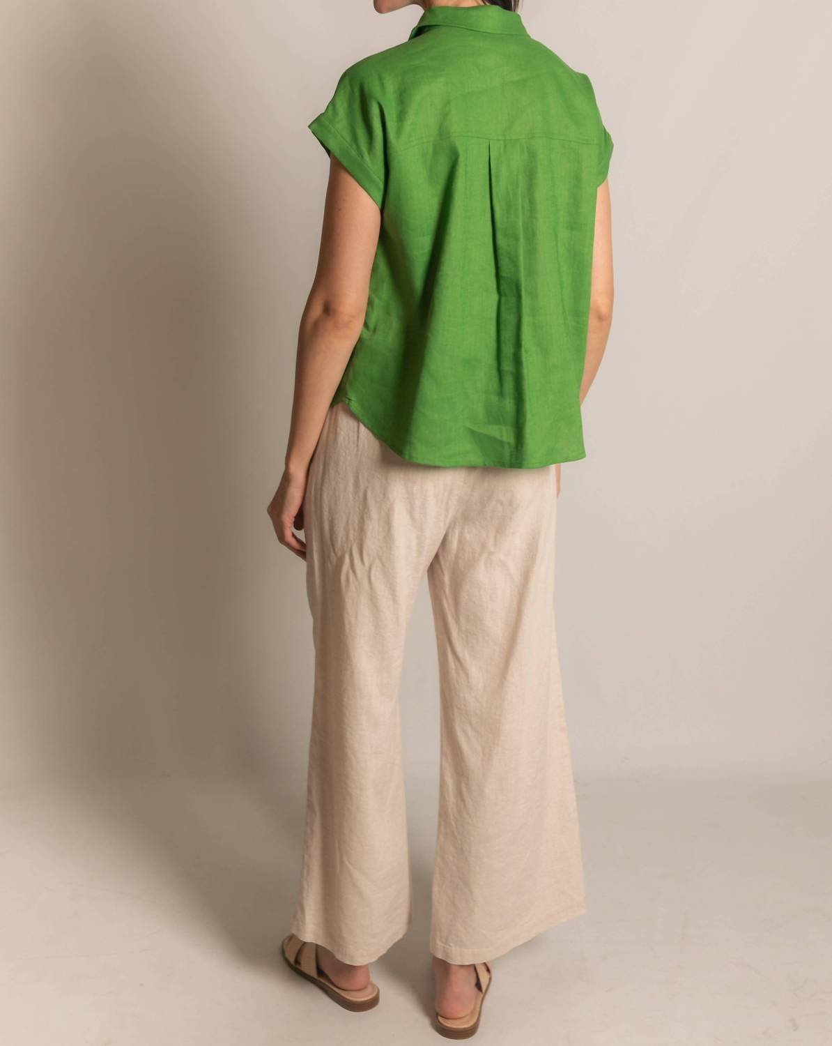 P.CILL Women's Linen Relaxed Short Sleeve Button Up Shirt in grass green - women's shirt - view 7