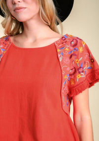 Umgee - Embroidered Sleeve Frayed Ruffle Trim Top