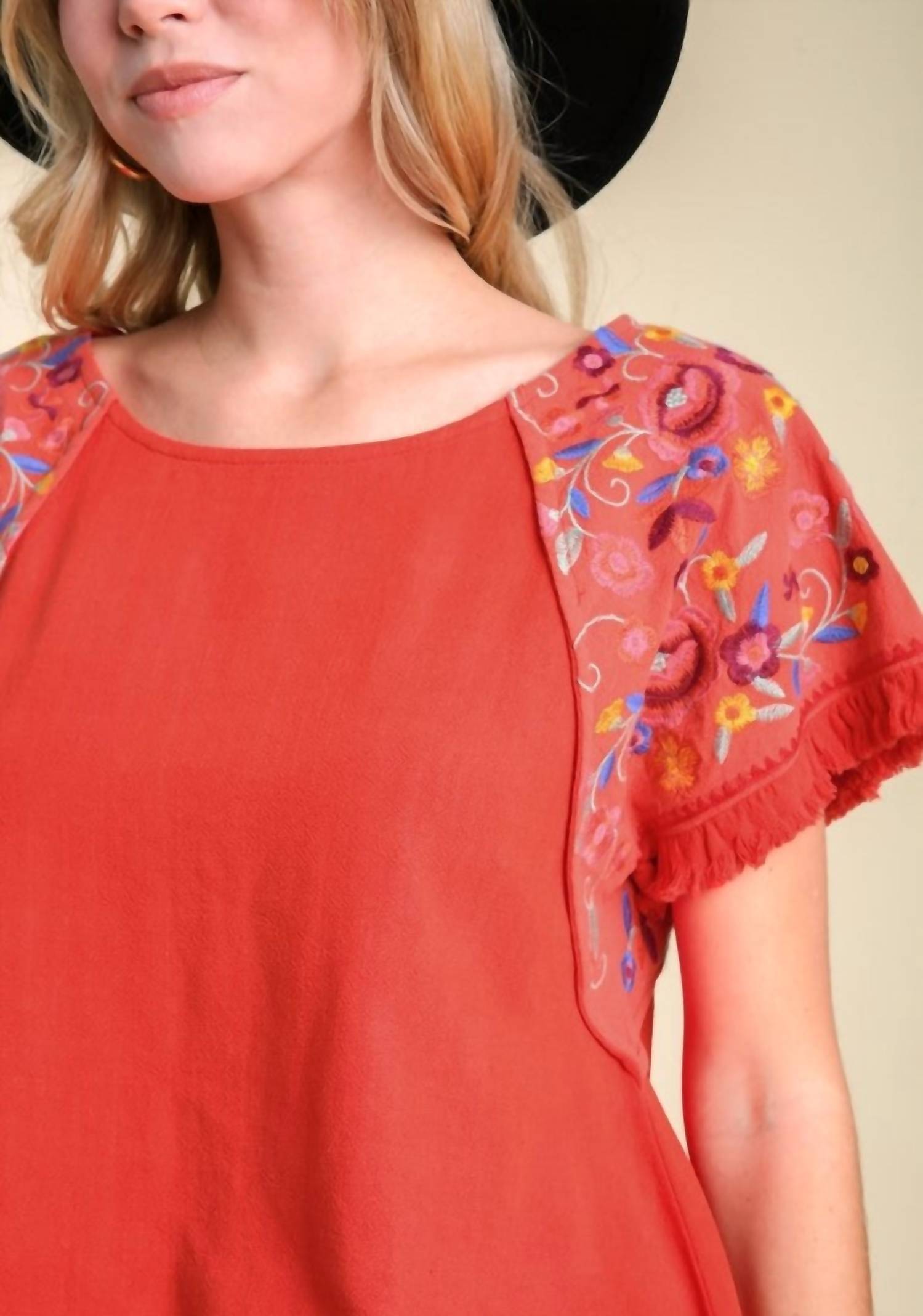 Umgee - Embroidered Sleeve Frayed Ruffle Trim Top