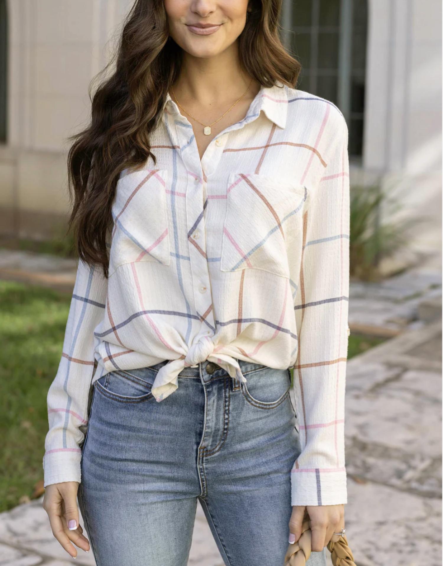 Grace and Lace Windowpane Button Up Top in multi - women's blouse - alternate view